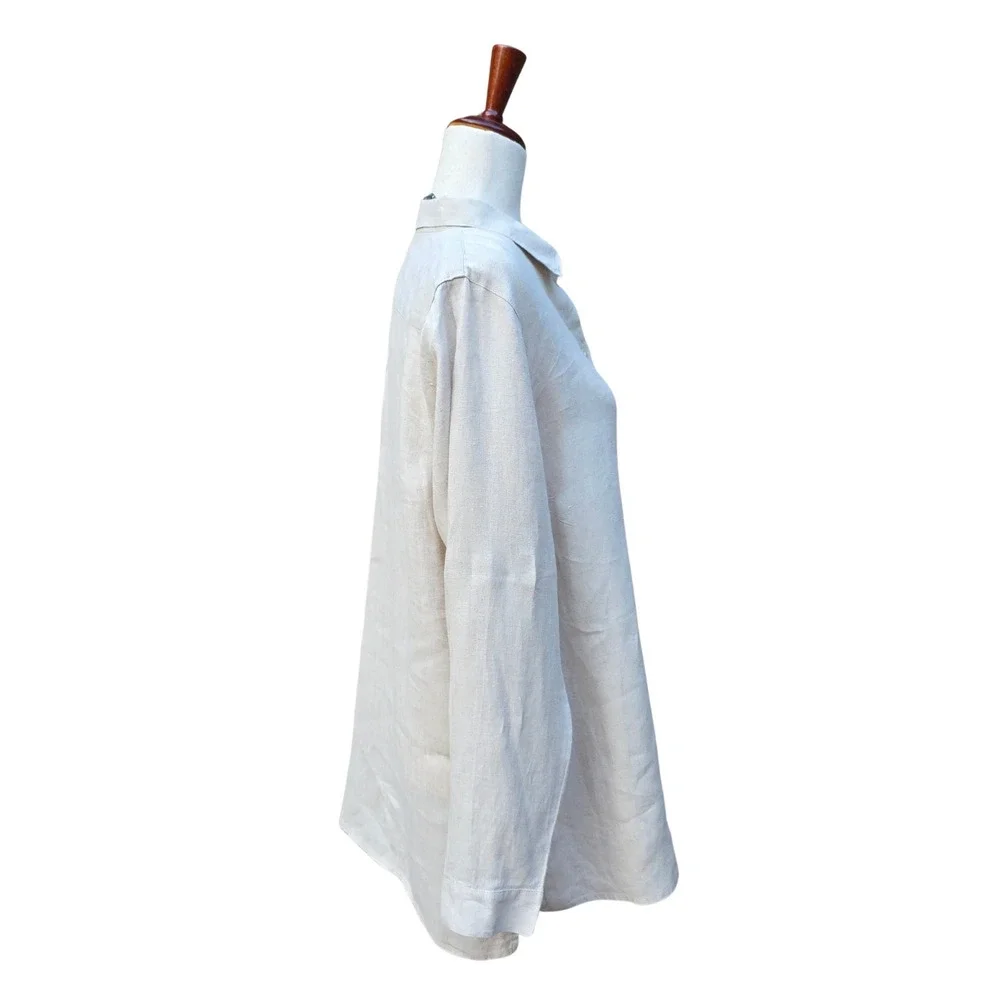 J. Jill Love Linen Button Down L Beige Coastal Minimalist Oversize Long Sleeve - Picture 6 of 13